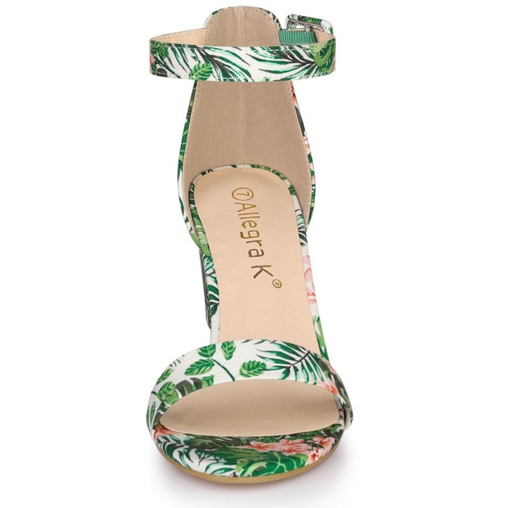 Open Toe Block Heel Printed Ankle Strap Green Sandals - Picture 2 of 6